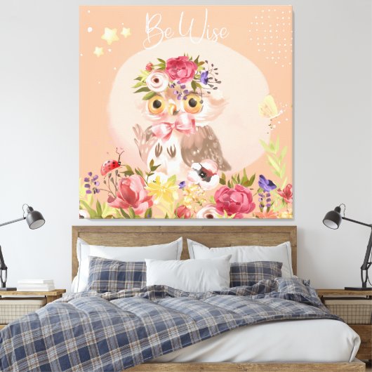 Be Wise Inspirerend Woodland Owl Floral Nursery Canvas Afdruk (Insitu (Slaapkamer))
