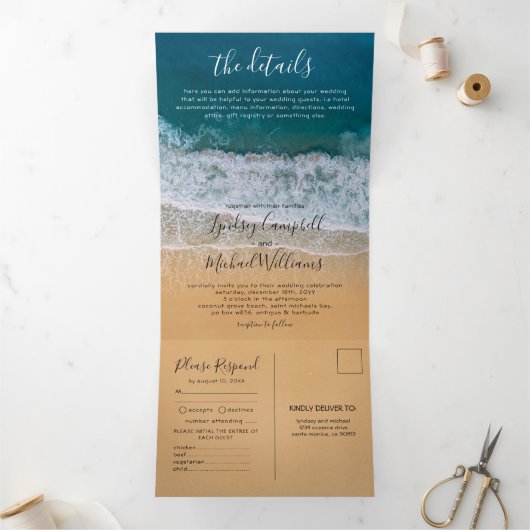 Beach 3 in 1 Destination Wedding Drieluik Uitnodiging (Binnen)