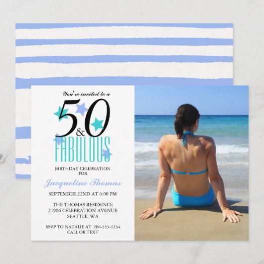 Beach 50 en Fabulous Birthday Photo Invitation Kaart (Voorkant / Achterkant)