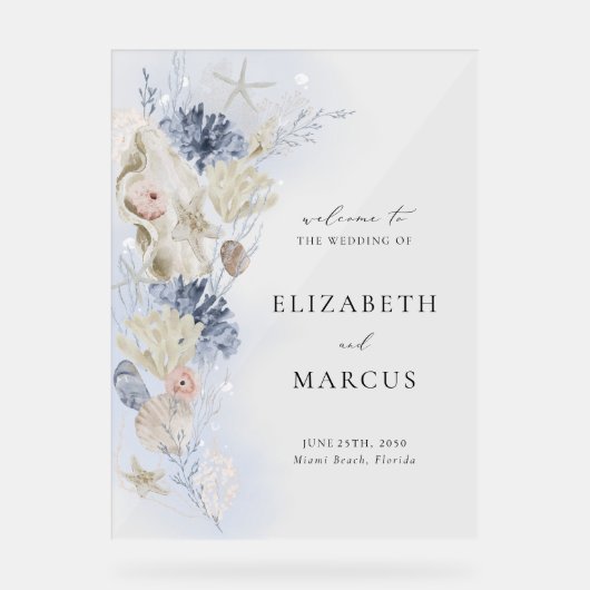 Beach Acrylic Wedding Welcome Sign Coastal Shell Acryl Bord (Voorkant)