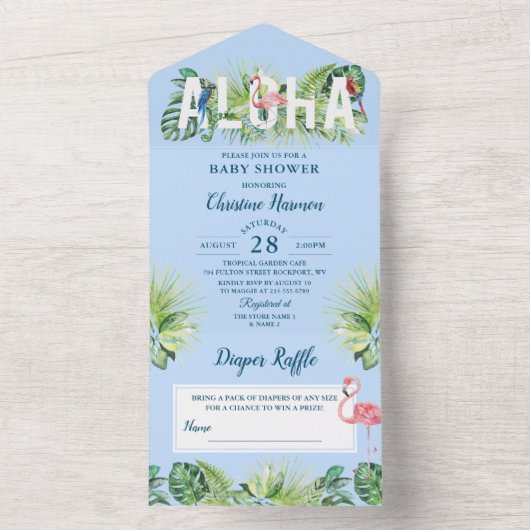 Beach Aloha Light Blue Baby shower Diaper Raffle All In One Uitnodiging (Binnen)