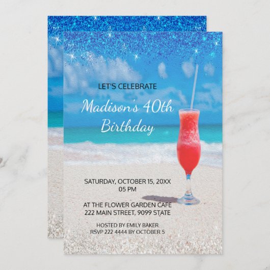 Beach and Cocktail Birthday Invitation Kaart (Voorkant / Achterkant)