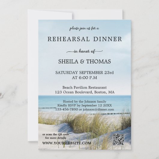 Beach and Dunes QR Code Rehearsal Dinner Kaart (Voorkant)