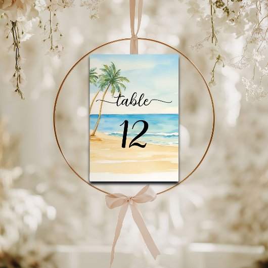 Beach and Palm Trees Elegant Wedding Table Number Kaart