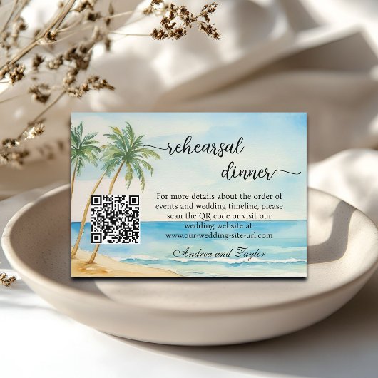 Beach and Palm Trees QR Code Rehearsal Dinner Informatiekaartje