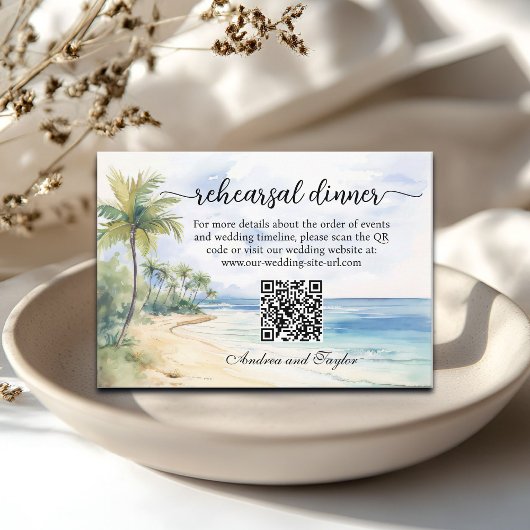 Beach and Palm Trees QR Code Rehearsal Dinner Informatiekaartje