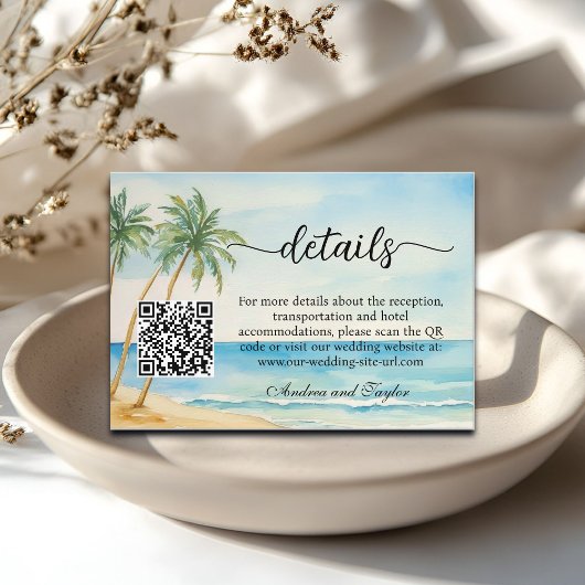 Beach and Palm Trees QR Code Wedding Details Informatiekaartje