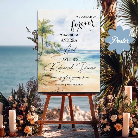 Beach and Palm Trees Rehearsal Dinner Welcome Poster