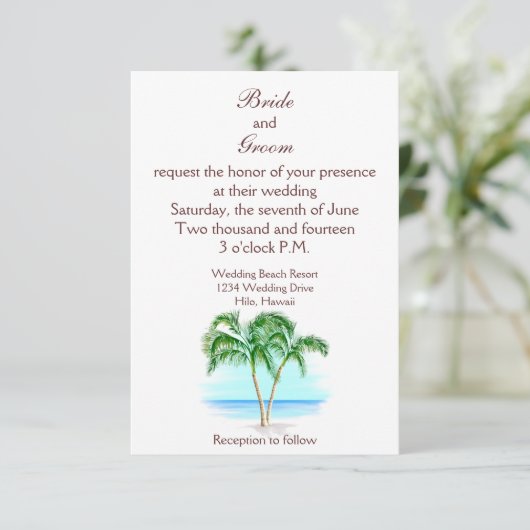 Beach and Palm Trees Wedding Invitation Kaart (Staand voorkant)