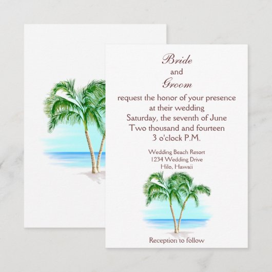 Beach and Palm Trees Wedding Invitation Kaart (Voorkant / Achterkant)