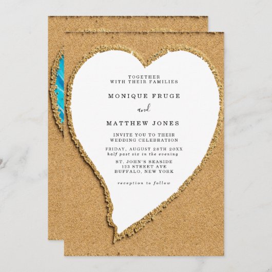 Beach and Sand Heart Destination Wedding Invitati Kaart (Voorkant / Achterkant)