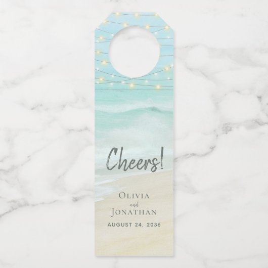 Beach Aqua Blue Coastal Wedding String Lights Flessenhanger (Voorkant)