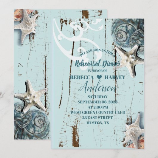 Beach Aqua Blue Seashell bruiloft repetitie diner Kaart (Voorkant / Achterkant)