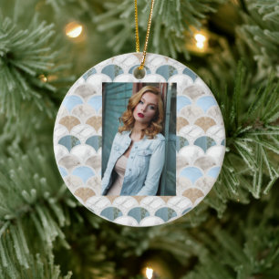 beach aqua blue white marble pastel mermaid scales keramisch ornament
