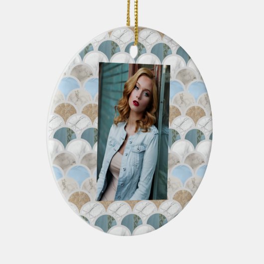 beach aqua blue white marble pastel mermaid scales keramisch ornament (Rechts)