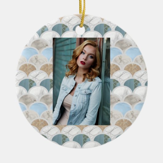 beach aqua blue white marble pastel mermaid scales keramisch ornament (Voorkant)