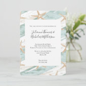 Beach Aqua Mint Starfish Stripes Wedding Kaart (Staand voorkant)