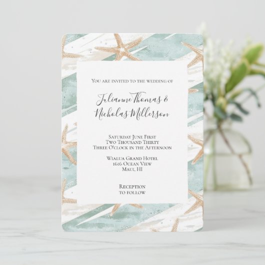 Beach Aqua Mint Starfish Stripes Wedding Kaart (Staand voorkant)