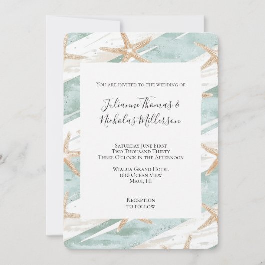 Beach Aqua Mint Starfish Stripes Wedding Kaart (Voorkant)