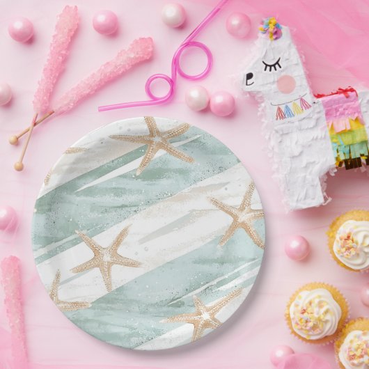 Beach Aqua Mint Starfish Stripes Wedding Papieren Bordje (Feest)