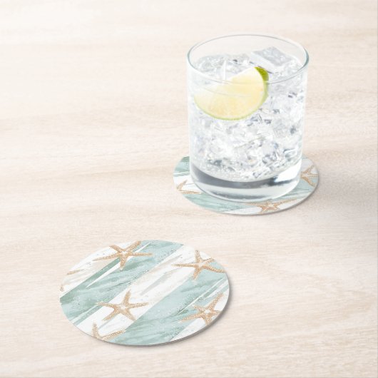 Beach Aqua Mint Starfish Stripes Wedding Ronde Kartonnen Onderzetter (Insitu)