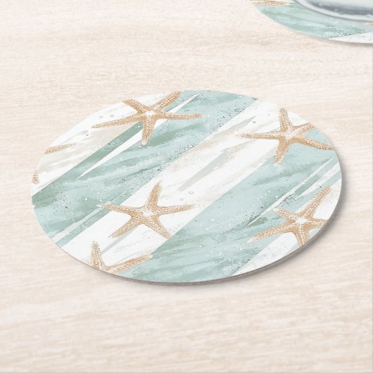 Beach Aqua Mint Starfish Stripes Wedding Ronde Kartonnen Onderzetter (Gebogen)