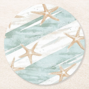 Beach Aqua Mint Starfish Stripes Wedding Ronde Kartonnen Onderzetter