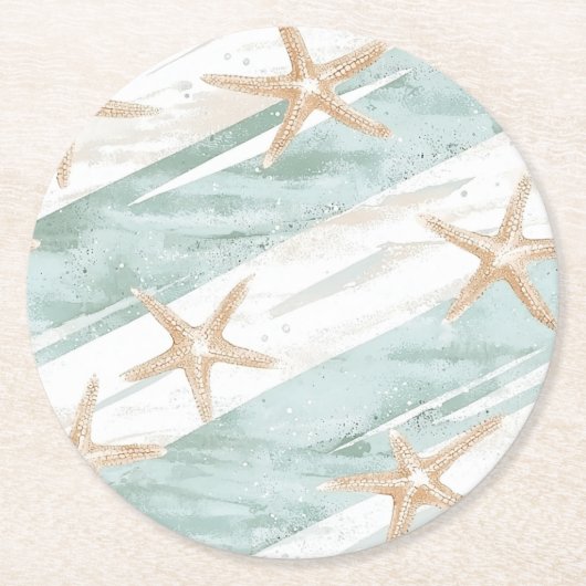 Beach Aqua Mint Starfish Stripes Wedding Ronde Kartonnen Onderzetter (Voorkant)