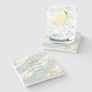Beach Aqua Mint Starfish Stripes Wedding Stenen Onderzetter