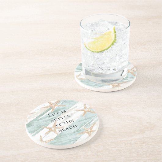 Beach Aqua Mint Starfish Stripes Wedding Zandsteen Onderzetter (Zijkant)