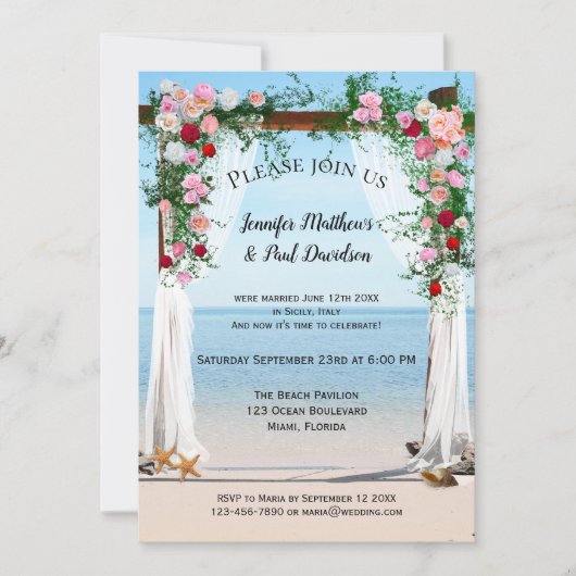 Beach Arbor met Rozen Post Wedding Invitation Kaart (Voorkant)