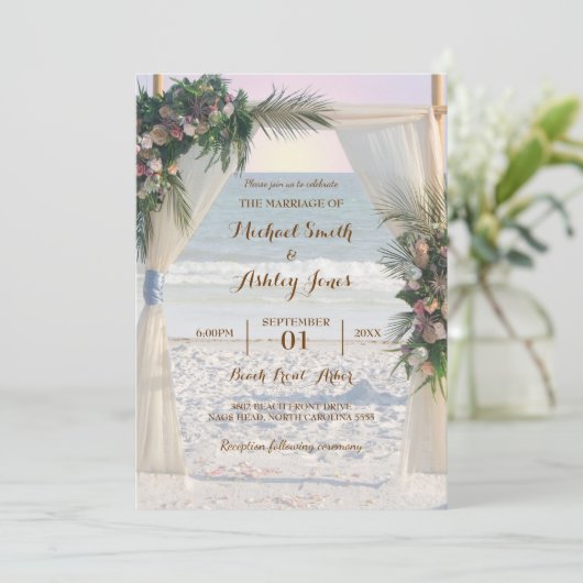 Beach Arbor Roos Tropical Leaves Sunset Weduwen Kaart (Staand voorkant)