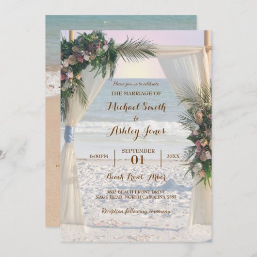 Beach Arbor Roos Tropical Leaves Sunset Weduwen Kaart (Voorkant / Achterkant)