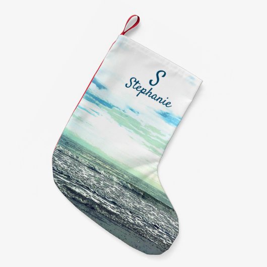 Beach Artistic Ocean Zee Blue Monogram Initiaal Kleine Kerstsok (Voorkant (Hangend))