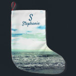 Beach Artistic Ocean Zee Blue Monogram Initiaal Kleine Kerstsok<br><div class="desc">Ontworpen met artistieke foto van strand achtergrond met tekst sjablonen voor monogram initiaal en naam!</div>