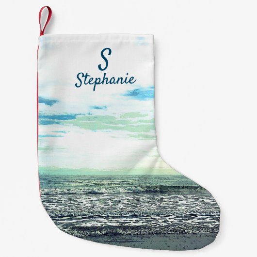 Beach Artistic Ocean Zee Blue Monogram Initiaal Kleine Kerstsok (Voorkant)
