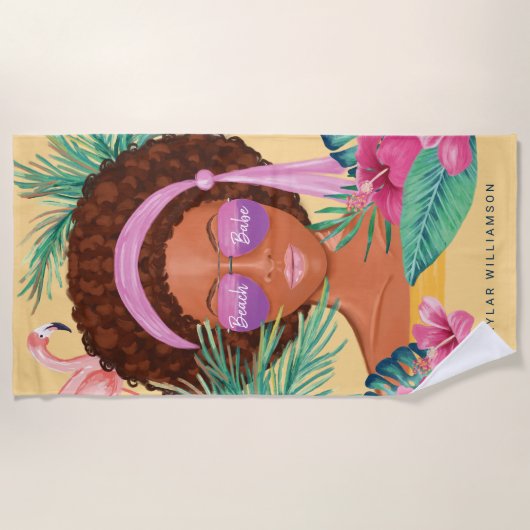 Beach Babe African Beauty Tropical Palm & Flamingo Strandlaken (Voorkant)