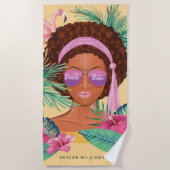 Beach Babe African Beauty Tropical Palm & Flamingo Strandlaken (Voorkant)