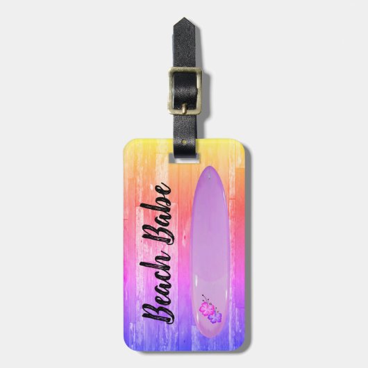 "Beach Babe", hibiscus surfplanontwerp Bagagelabel (Voorkant verticaal)