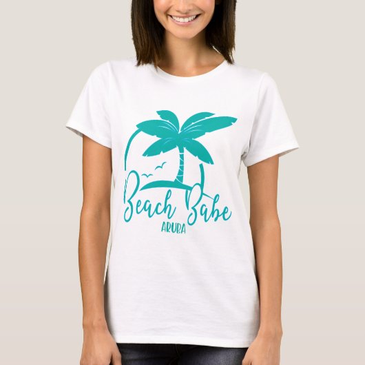 Beach Babe Palm Tree Aruba Blauwgroen en Blue Souv T-shirt (Voorkant)