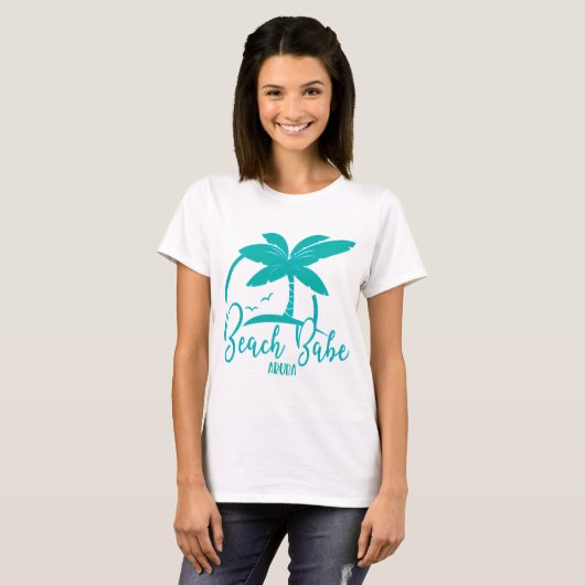 Beach Babe Palm Tree Aruba Blauwgroen en Blue Souv T-shirt (Voorkant volledig)