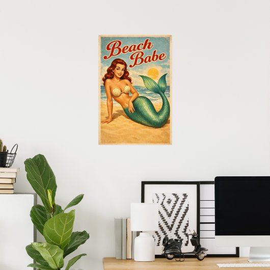 Beach Babe Pin-Up Mermaid - Retro Coastal Life Art Poster (Thuiskantoor)