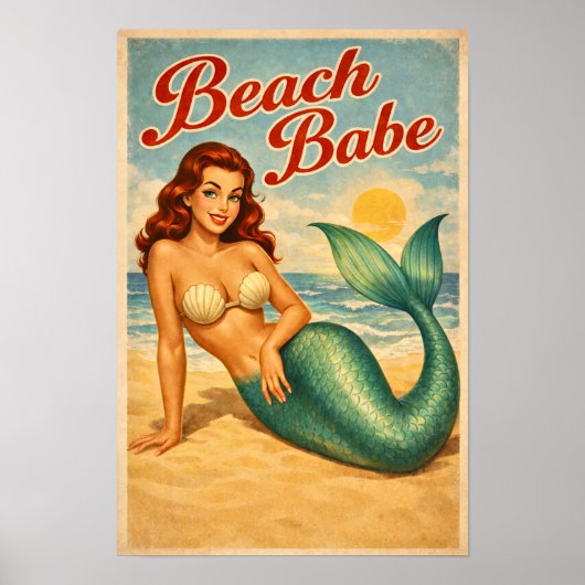 Beach Babe Pin-Up Mermaid - Retro Coastal Life Art Poster (Voorkant)