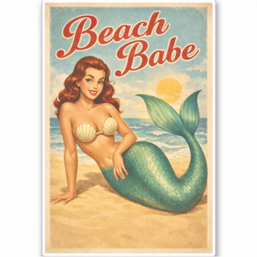 Beach Babe Pin-Up Mermaid - Retro Coastal Life Art Sticker (Voorkant)