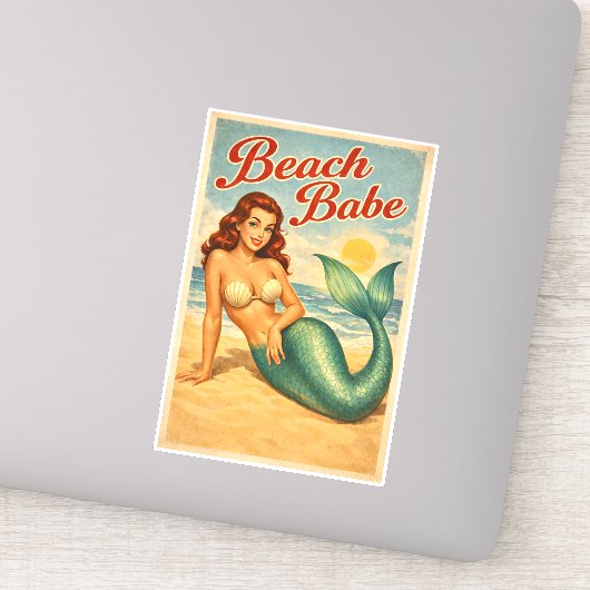 Beach Babe Pin-Up Mermaid - Retro Coastal Life Art Sticker (Detail)