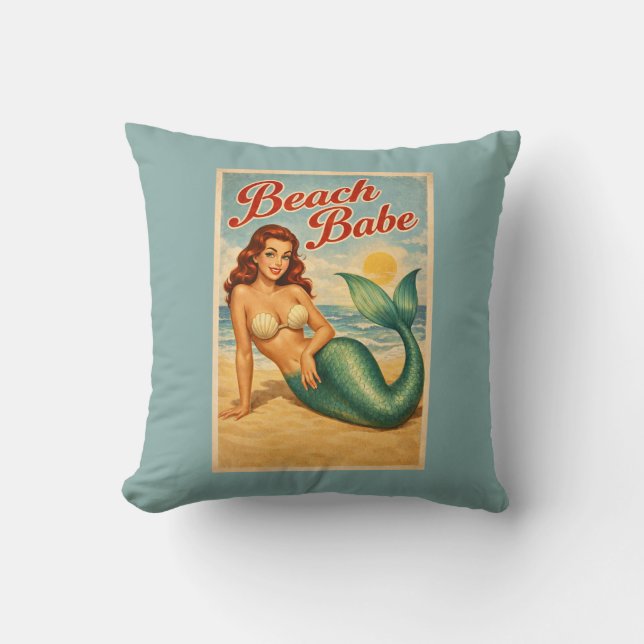 Beach Babe Pin-Up Mermaid Retro Coastal Life Blue Kussen (Voorkant)