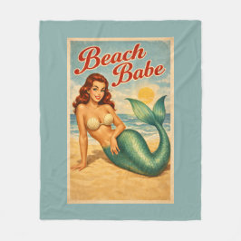 Beach Babe Pin-Up Mermaid -Retro Coastal Life Teal Fleece Deken