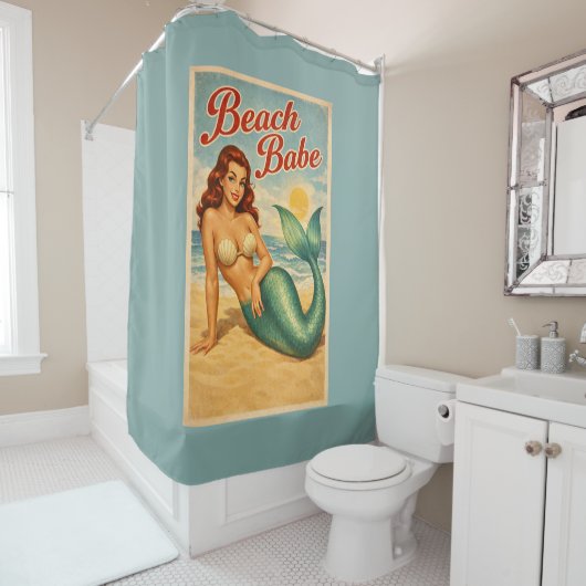 Beach Babe Pin-Up Mermaid -Retro Coastal Teal Blue Douchegordijn (In situ)