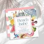Beach Babe Tropical Umbrella Donut Baby Shower Kaart<br><div class="desc">This cute "beach babe" baby shower invitation features a white background with a beach umbrella, flip flops, tropical mason-jar drink/cocktail, popsicle, watermelon, donut, pineapple, straw hat, fresh coconut drink, pinwheel and sunglasses. The reverse side features a white background with pink stripes. Personalize it for your needs. You can find more...</div>