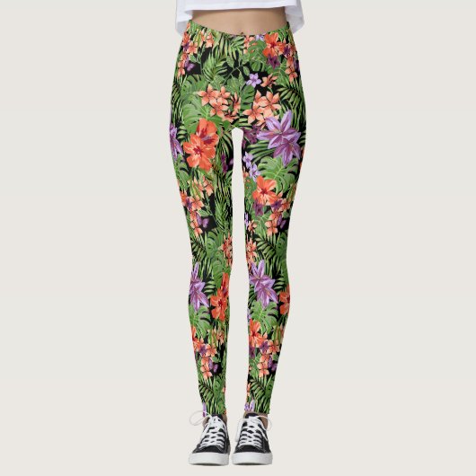 Beach Babe Tropische Leggings met zwarte achtergro (Voorkant)
